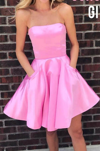 Einfaches trägerloses kurzes Ballkleid, gelbes Homecoming-Kleid mit Taschen, PD322