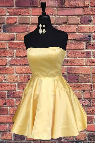 Einfaches trägerloses kurzes Ballkleid, gelbes Homecoming-Kleid mit Taschen, PD322