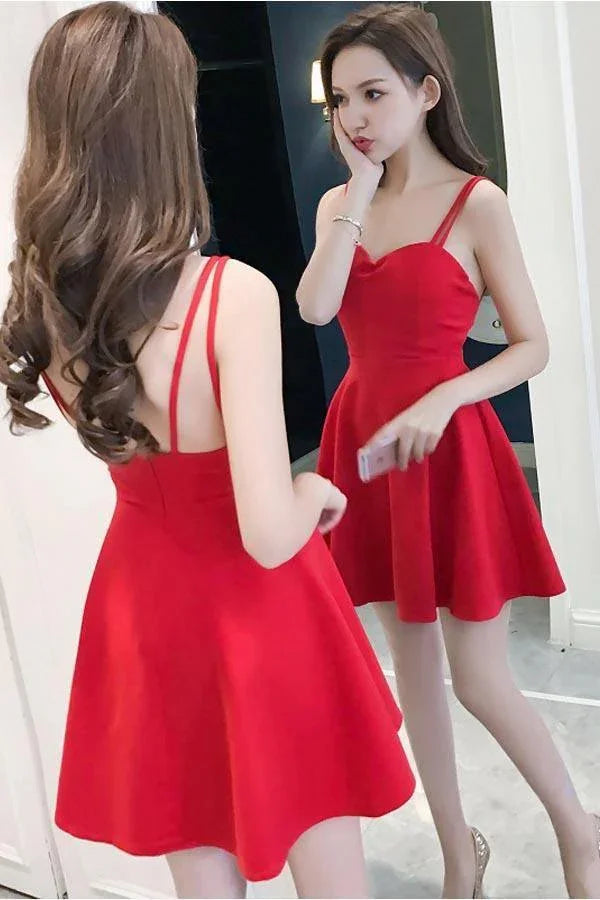 Einfache Träger Sweetheart Rot Satin Homecoming-Kleider Partykleider PD091