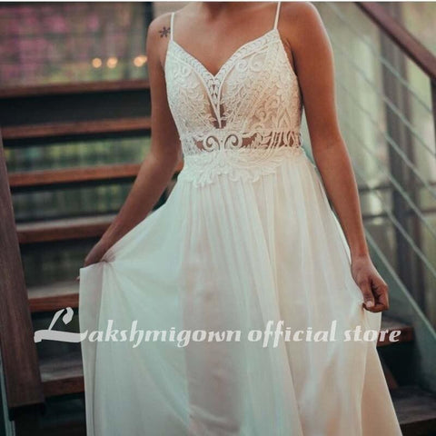 NumberSea Schlichtes Chiffon-A-Linien-Hochzeitskleid mit V-Ausschnitt und Boho-Stil