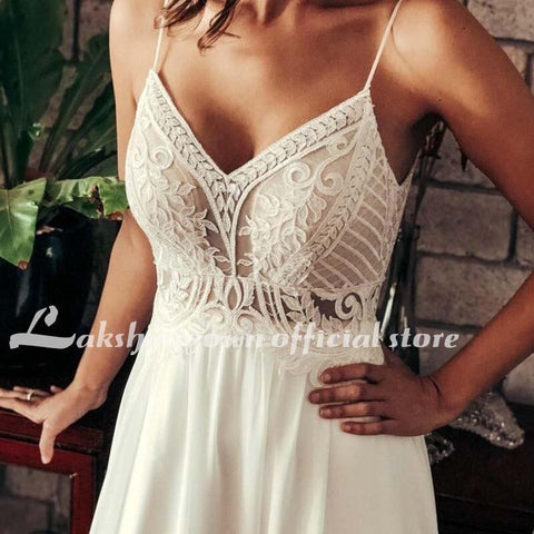 NumberSea Schlichtes Chiffon-A-Linien-Hochzeitskleid mit V-Ausschnitt und Boho-Stil