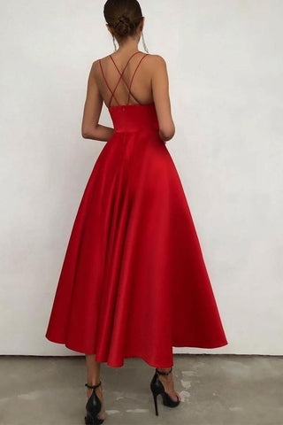Einfaches V-Ausschnitt Satin Burgunderrot Tee Länge Ball-/Abendkleid PSK231