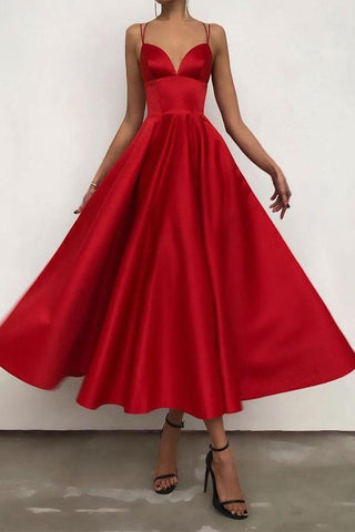 Einfaches V-Ausschnitt Satin Burgunderrot Tee Länge Ball-/Abendkleid PSK231