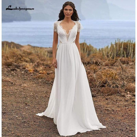 NumberSea Schlichtes Brautkleid aus weicher Spitze, Chiffon, A-Linie, kurze Ärmel