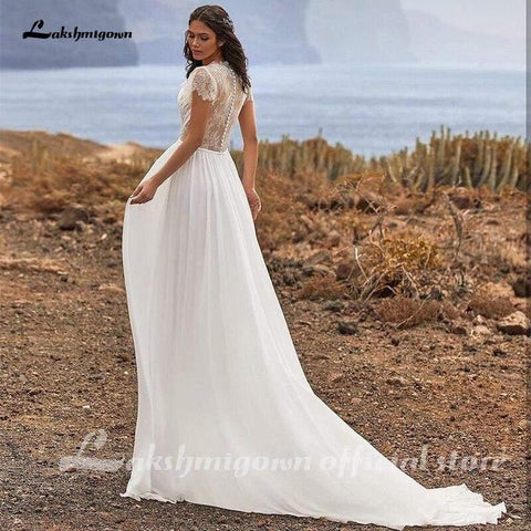 NumberSea Schlichtes Brautkleid aus weicher Spitze, Chiffon, A-Linie, kurze Ärmel