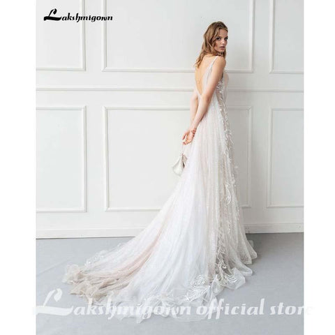 NumberSea Einfache Brautkleid Spaghettiträger Bodenlang Spitze