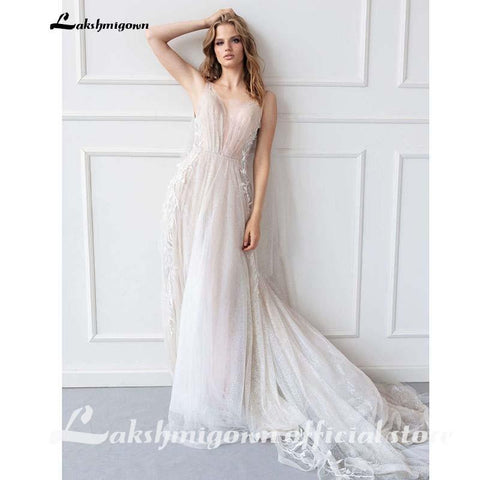 NumberSea Einfache Brautkleid Spaghettiträger Bodenlang Spitze