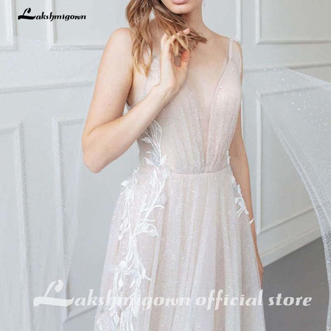 NumberSea Einfache Brautkleid Spaghettiträger Bodenlang Spitze