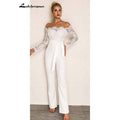 NumberSea Tuta Pantalone Semplice in Pizzo Bianco Abiti da Sposa Maniche Lunghe