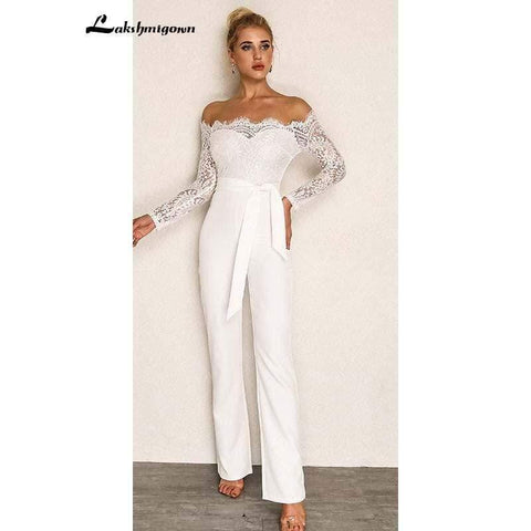 NumberSea Schlichter weißer Spitzen-Jumpsuit für Brautkleider, lange Ärmel, Hosenanzug