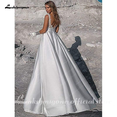 NumberSea Schlichtes weißes Satin-Brautkleid A-Linie Brautkleider