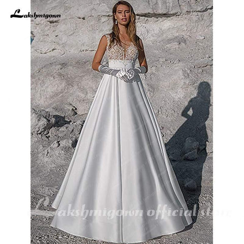 NumberSea Schlichtes weißes Satin-Brautkleid A-Linie Brautkleider