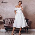 Vestito da Sposa Semplice Bianco Satin Mare dei Numeri Lunghezza Tè