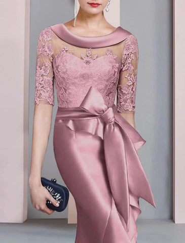 Meerjungfrau/Trompete Kleid für die Brautmutter, formelle Kleider für Hochzeitsgäste im Herbst, elegant, hoch und tief, U-Ausschnitt, Pinselschleppe, asymmetrisch, Satin, Spitze, halbe Ärmel mit Schleife(n), Applikationen