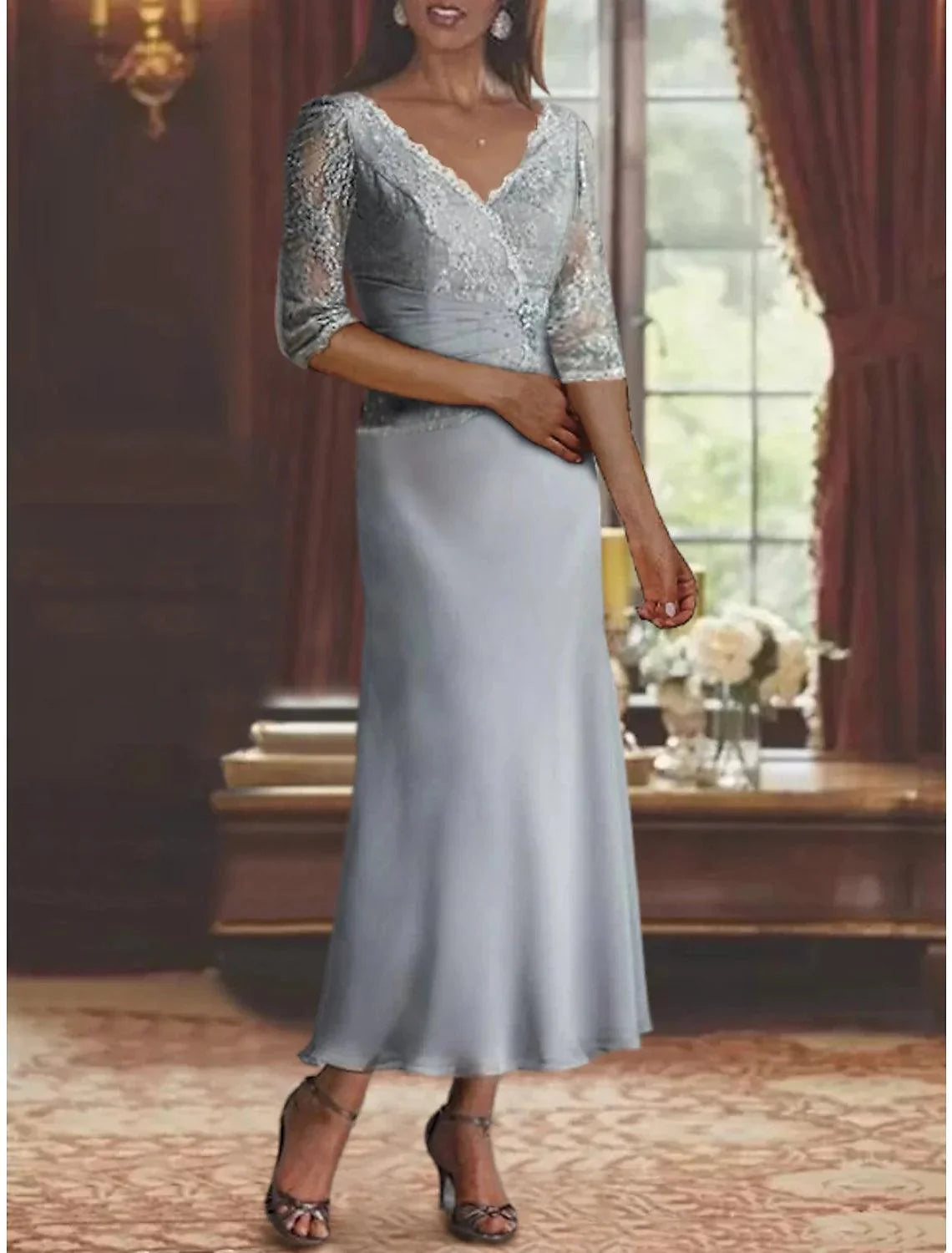 Vestido de mãe da noiva em duas peças, estilo sereia/trompete, formal, para casamento, vintage, elegante, decote em V, comprimento até ao tornozelo, chiffon, renda, manga 3/4, envoltório incluído com franzido