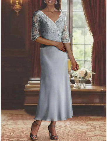 Zweiteiliges Meerjungfrau-/Trompetenkleid für die Mutter der Braut, formeller Hochzeitsgast, Vintage, elegant, V-Ausschnitt, knöchellang, Chiffon, Spitze, 3/4-Ärmel, Wickelkleid inklusive, mit Rüschen