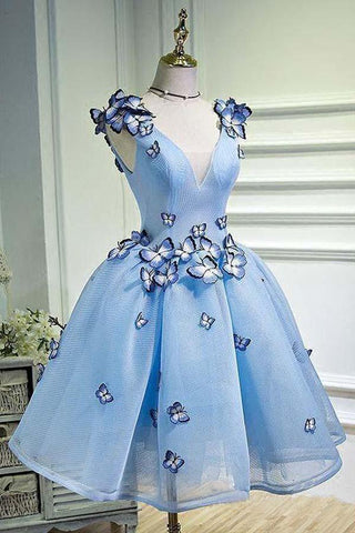 Himmelblaues Homecoming-Kleid mit Schmetterlingsapplikation, kurzes Ballkleid PD282