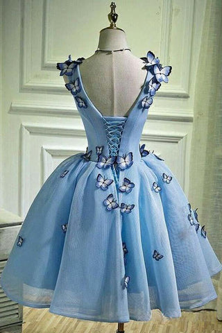 Himmelblaues Homecoming-Kleid mit Schmetterlingsapplikation, kurzes Ballkleid PD282