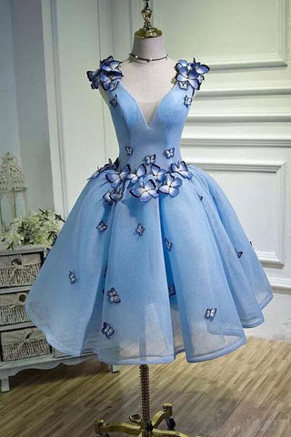 Himmelblaues Homecoming-Kleid mit Schmetterlingsapplikation, kurzes Ballkleid PD282