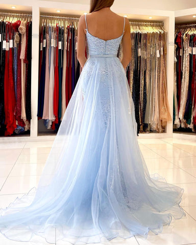 Vestido de noite comprido em tule com renda azul-celeste e decote em coração, sereia
