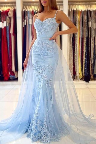 Vestido de noite comprido em tule com renda azul-celeste e decote em coração, sereia