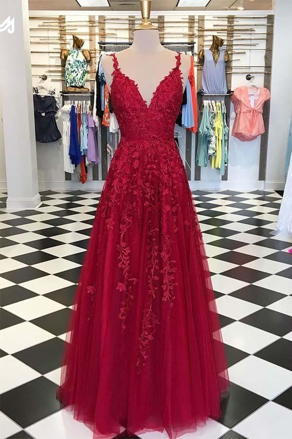 Himmelblaue Spitze Ballkleider Lang V-Ausschnitt Rose Rot Abendkleid PG810