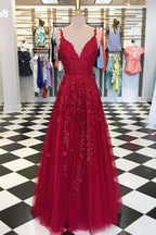 Himmelblaue Spitze Ballkleider Lang V-Ausschnitt Rose Rot Abendkleid PG810