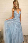 Himmelblaue Spitze Ballkleider Lang V-Ausschnitt Rose Rot Abendkleid PG810