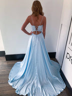 Sky Blue Long A-line Scoop Neck Lace Satin Formal Prom Dresses with Slit