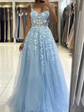 Robe de bal et de remise de diplômes bleu ciel longue, dos nu, à ligne A, avec bretelles, tulle et dentelle florale