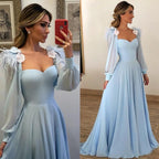 Vestidos de baile compridos em chiffon azul-celeste com mangas, vestidos de cerimónia PG803