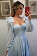 Himmelblaue lange Chiffon-Ballkleider mit Ärmeln Abendkleider PG803
