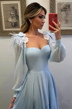 Vestidos de baile compridos em chiffon azul-celeste com mangas, vestidos de cerimónia PG803