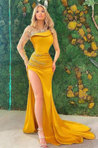 Sky Blue Long Sleeves Appliques Lace Satin Mermaid Evening Dress with Split