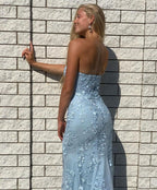 Sky Blue Long Strapless Mermaid Lace Formal Prom Dress with Slit