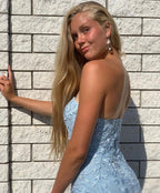 Sky Blue Long Strapless Mermaid Lace Formal Prom Dress with Slit