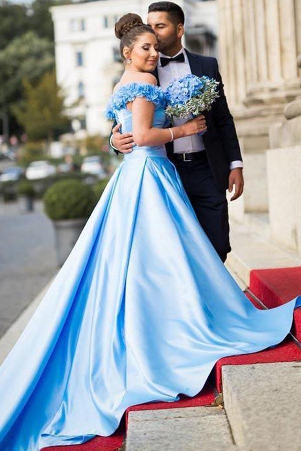 Vestidos de baile de cetim azul-celeste com ombros de fora e flores, compridos, formais, PG991