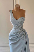 Sky Blue One Shoulder Luxury Ruffles Mermaid Prom Dress with Split