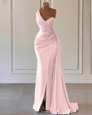 Sky Blue One Shoulder Luxury Ruffles Mermaid Prom Dress with Split
