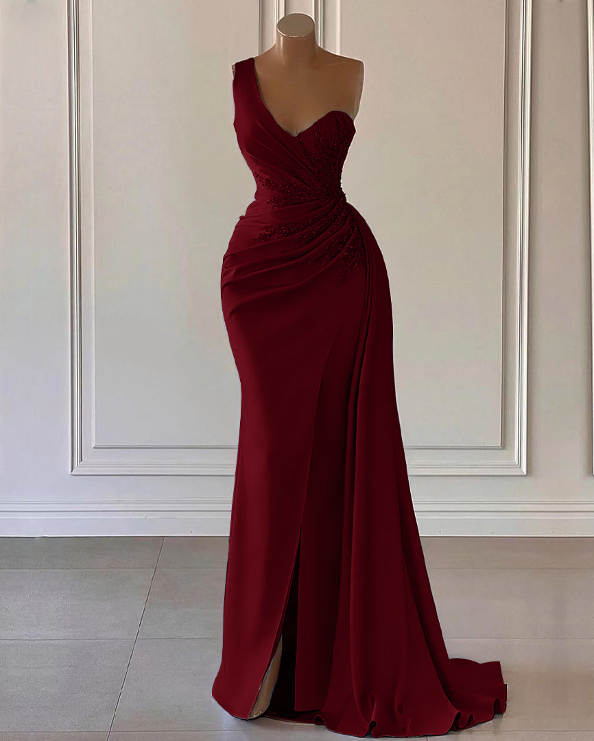 Vestido de festa azul-celeste com um ombro só e folhos luxuosos, estilo sereia, com racha