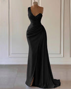 Sky Blue One Shoulder Luxury Ruffles Mermaid Prom Dress with Split