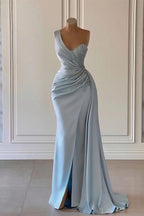 Sky Blue One Shoulder Luxury Ruffles Mermaid Prom Dress with Split