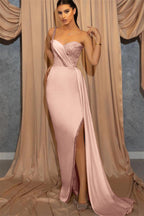 Dark Green One Shoulder Spaghetti Strap Mermaid Long Satin Evening Dress