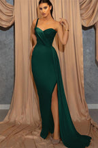 Dark Green One Shoulder Spaghetti Strap Mermaid Long Satin Evening Dress