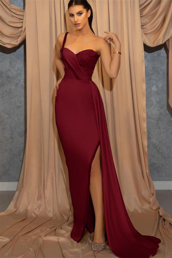 Dark Green One Shoulder Spaghetti Strap Mermaid Long Satin Evening Dress