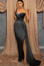 Dark Green One Shoulder Spaghetti Strap Mermaid Long Satin Evening Dress