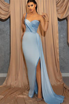 Dark Green One Shoulder Spaghetti Strap Mermaid Long Satin Evening Dress