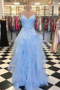 Himmelblaues Ballkleid mit Rüschenrock und Spaghettiträgern für Junior-Ballkleider PG889