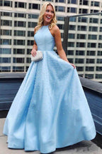 Sky Blue Simple Satin Long Prom Dresses Pearl Skirt Prom Dress with Pocket PG975