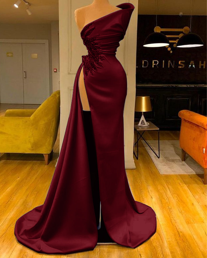 Sky Blue Sleeveless Long Mermaid Front Slit Evening Dress with Beads